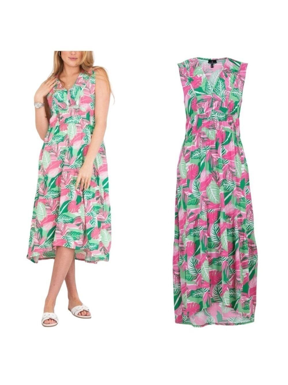 Marble Tropical Palm Leaf Print Stretch Ruched Front Fit & Flare Midi Dress